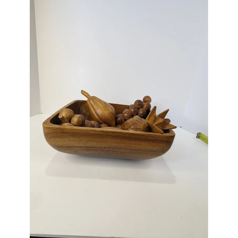Vintage Mid Century Modern Monkey Pod Wooden Fruit Bowl Set 6 Piece Hand Carved